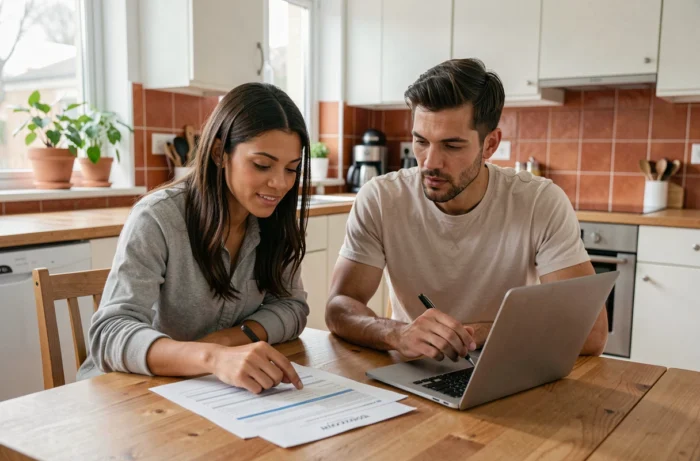 Couple étudiant des documents de prêt immobilier modulable autour d'une table en bois dans une cuisine moderne
