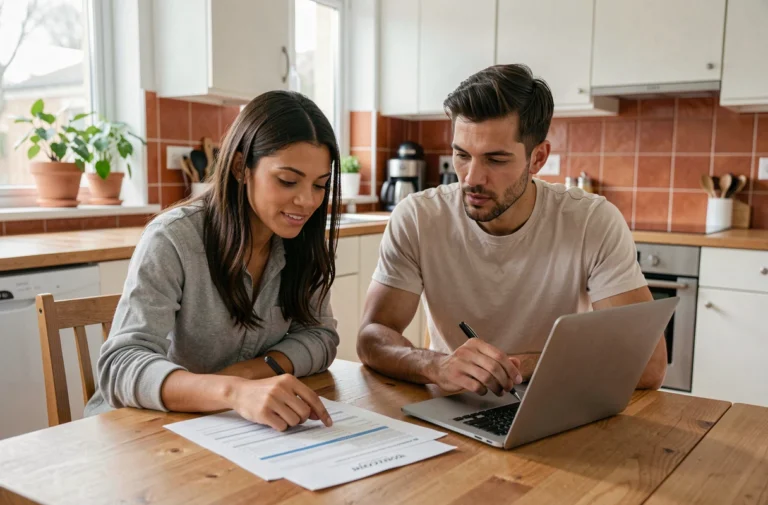 Couple étudiant des documents de prêt immobilier modulable autour d'une table en bois dans une cuisine moderne