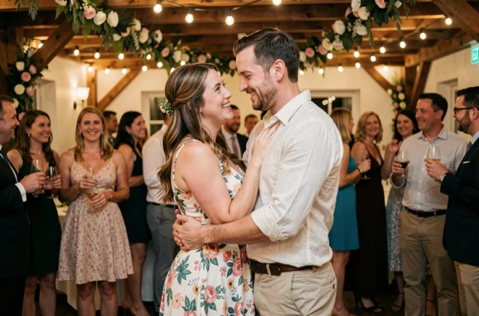 Couple de mariés entouré de proches lors d'une célébration intime de retour de noces en intérieur