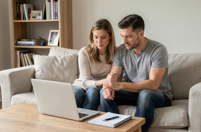 Couple consultant ensemble des témoignages et astuces sur un forum FIV depuis leur salon, illustrant la démarche commune face à la procréation médicalement assistée