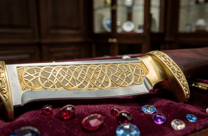 Détail d'un couteau d'exception avec gravures en or 24 carats et pierres précieuses sur écrin de velours bordeaux