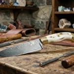Couteau de luxe en acier Damascus avec manche en ivoire de mammouth posé sur un établi d'artisan coutelier
