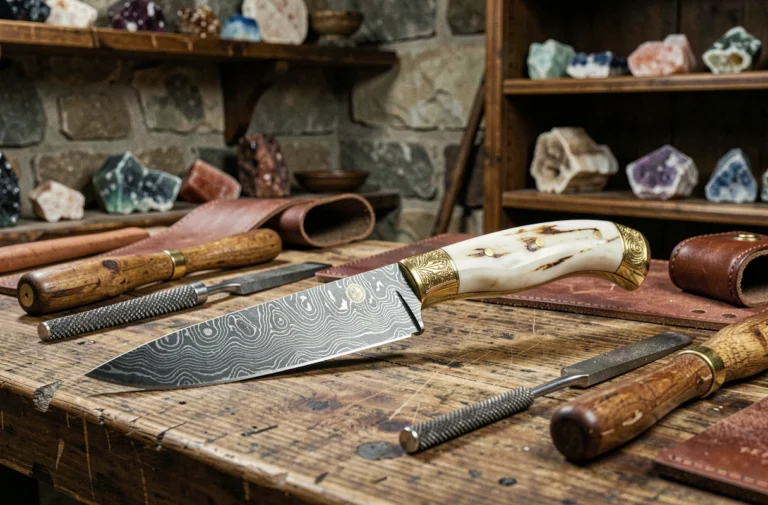 Couteau de luxe en acier Damascus avec manche en ivoire de mammouth posé sur un établi d'artisan coutelier