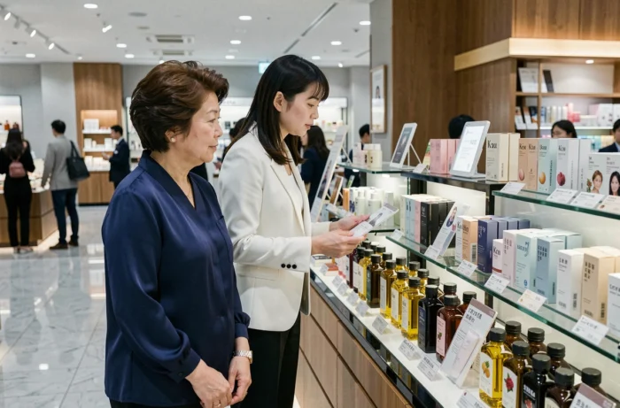 Zwei japanische Frauen unterschiedlicher Generationen, die in einem großen Kaufhaus in Osaka Schönheitsprodukte erkunden, was die Entwicklung und die gegenseitigen Einflüsse der Schönheitskriterien in Japan veranschaulicht
