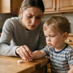 Mère surveillant un jeune enfant qui tend la main vers une pastille Vichy sur une table en bois, illustrant les dangers des pastilles pour les enfants