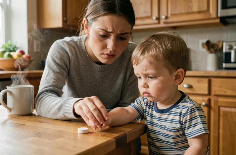 Mère surveillant un jeune enfant qui tend la main vers une pastille Vichy sur une table en bois, illustrant les dangers des pastilles pour les enfants