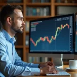 Jeune investisseur débutant analysant des graphiques boursiers sur un double écran dans un bureau à domicile
