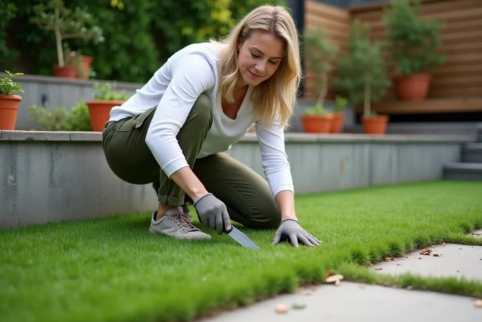 Femme découpant avec précision le gazon synthétique le long d'une bordure en béton dans un jardin résidentiel