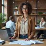 Femme entrepreneur debout dans un espace de coworking moderne, entourée de documents et d'un ordinateur portable, prête à lancer son entreprise