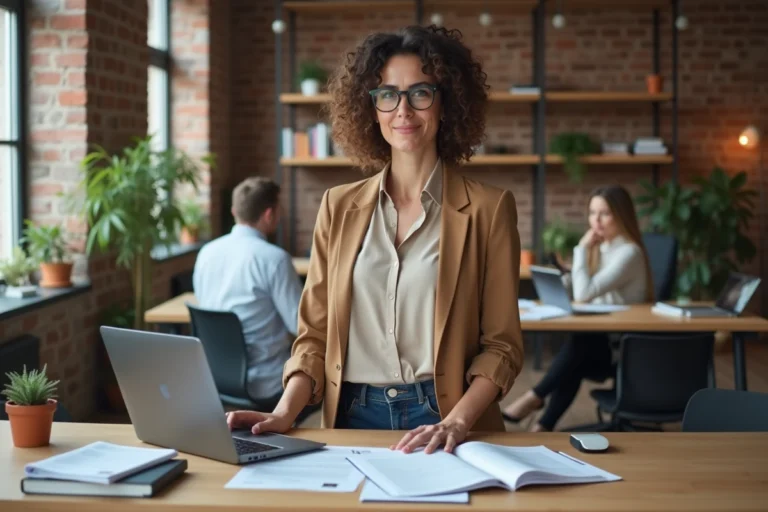 Femme entrepreneur debout dans un espace de coworking moderne, entourée de documents et d'un ordinateur portable, prête à lancer son entreprise