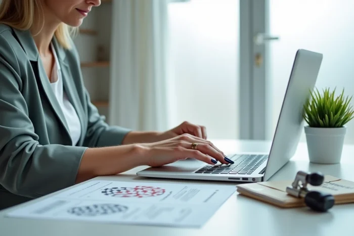 Femme remplissant un dossier de dépôt de marque sur ordinateur avec des documents de propriété intellectuelle sur son bureau