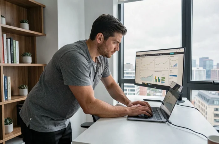 Freelance web developer working on website mockups and SEO tools in a modern home office