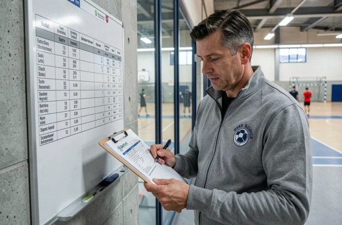 Handball club leader consulting Gesthand reports in a gym corridor