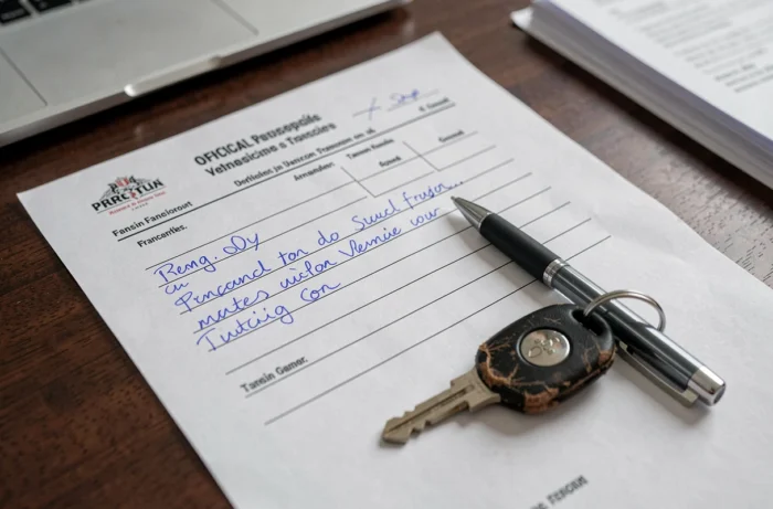 Gros plan sur un certificat de cession moto rempli avec une clé de moto et un stylo sur un bureau