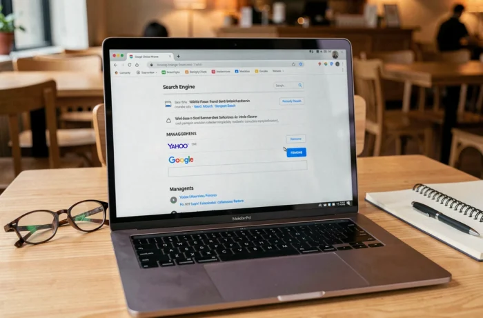 Écran d'ordinateur affichant les paramètres Chrome pour supprimer Yahoo comme moteur de recherche par défaut