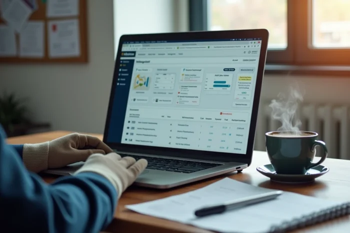 Écran d'ordinateur portable affichant le tableau de bord de l'espace affilié Securitest avec des outils de gestion pour contrôleurs techniques