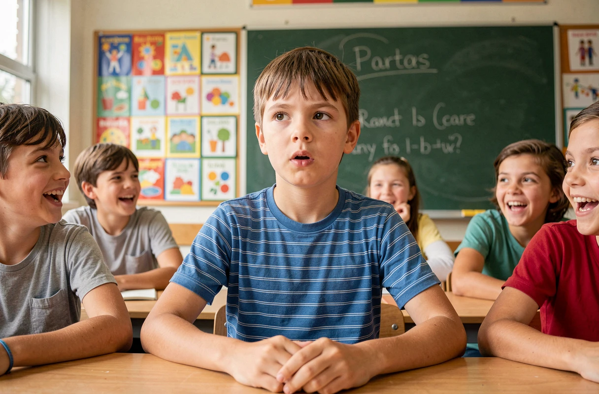 Enfant imitant un robot avec une expression mécanique rigide en classe