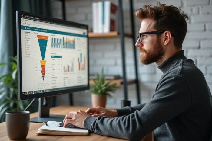 Entrepreneur analysant une stratégie marketing digitale sur un ordinateur dans un bureau à domicile