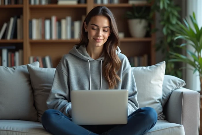 Jeune entrepreneuse travaillant depuis chez elle sur la visibilité en ligne de son entreprise via les réseaux sociaux