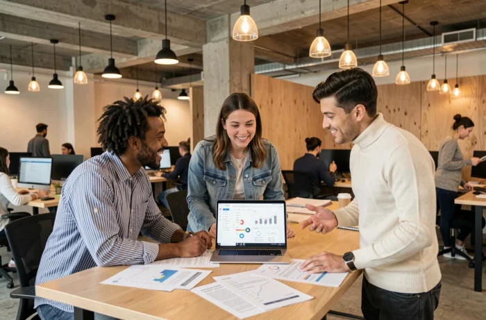 Équipe de professionnels collaborant sur une stratégie de développement business en ligne dans un espace de coworking moderne