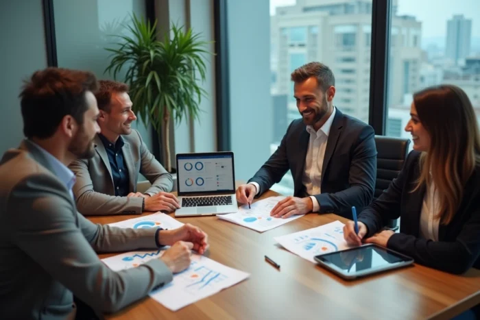 Équipe marketing en réunion analysant des rapports de performance et des métriques numériques