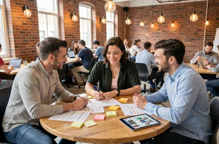 Multidisciplinary team collaborating on an online presence strategy in a dynamic coworking space