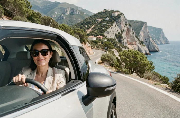 Femme en essai routier d'un Citroën C3 Aircross sur une route côtière sinueuse près de Monaco