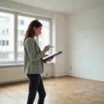 Propriétaire ou agent immobilier effectuant un état des lieux de sortie dans un appartement vide avec une checklist