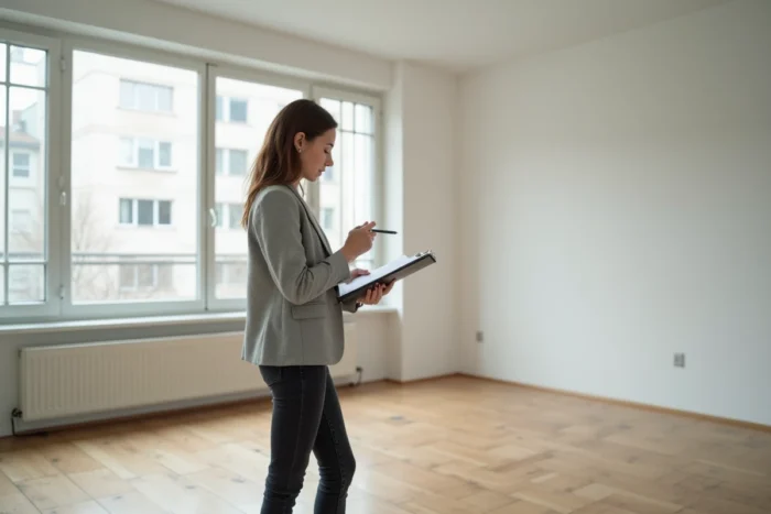 Propriétaire ou agent immobilier effectuant un état des lieux de sortie dans un appartement vide avec une checklist