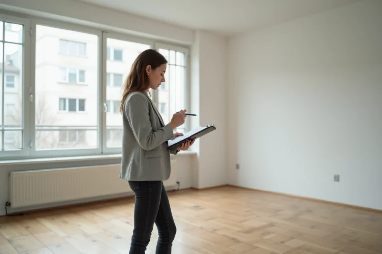 Propriétaire ou agent immobilier effectuant un état des lieux de sortie dans un appartement vide avec une checklist