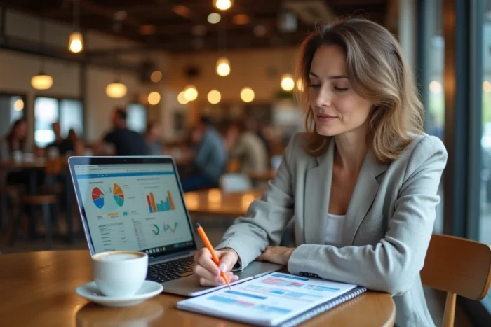 Femme consultant des graphiques d'étude de marché sur son ordinateur dans un café pour valider la demande avant de lancer son activité