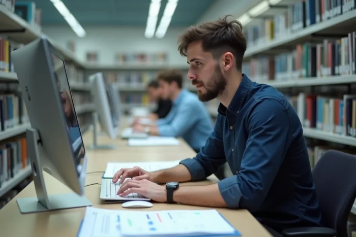 Étudiant consultant le portail eCandidat Nantes sur ordinateur de bureau en bibliothèque universitaire