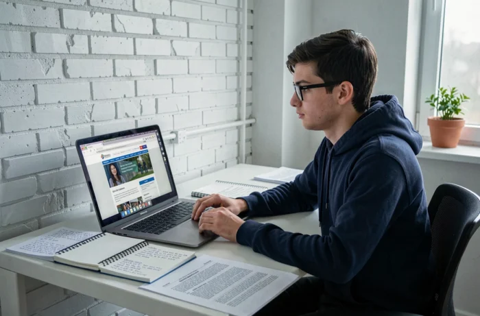 Étudiant recherchant des exemples de dissertations gratuites en ligne sur son ordinateur
