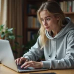 Étudiante déposant un dossier de candidature en ligne sur eCandidat depuis sa chambre universitaire