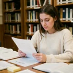 Étudiante consultant des exemples de dissertations dans une bibliothèque universitaire