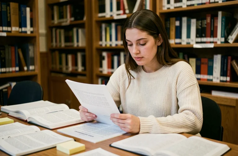 Étudiante consultant des exemples de dissertations dans une bibliothèque universitaire