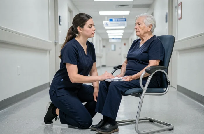 Étudiante infirmière réalisant un test d'équilibre de Tinetti sur une patiente âgée assise dans un couloir hospitalier