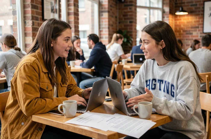 Deux étudiantes analysant des exemples de dissertations ensemble dans un café