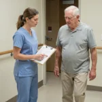 Physiothérapeute évaluant la marche d'un patient âgé avec le test de Tinetti dans une salle de rééducation clinique