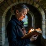 Femme explorant une cave médiévale avec un journal et une lampe torche, ambiance paranormale en France
