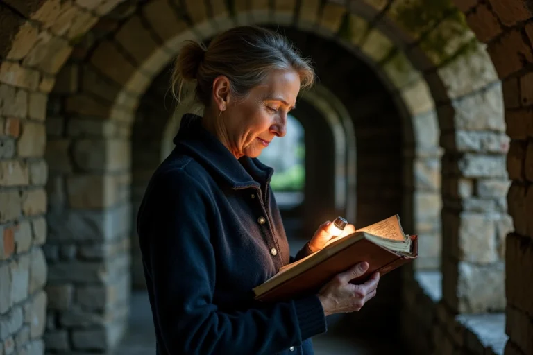 Femme explorant une cave médiévale avec un journal et une lampe torche, ambiance paranormale en France