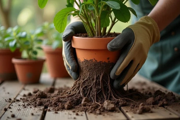 Mains de jardinier extrayant un plant de jasmin d'un pot en terre cuite révélant une motte racinaire dense et développée