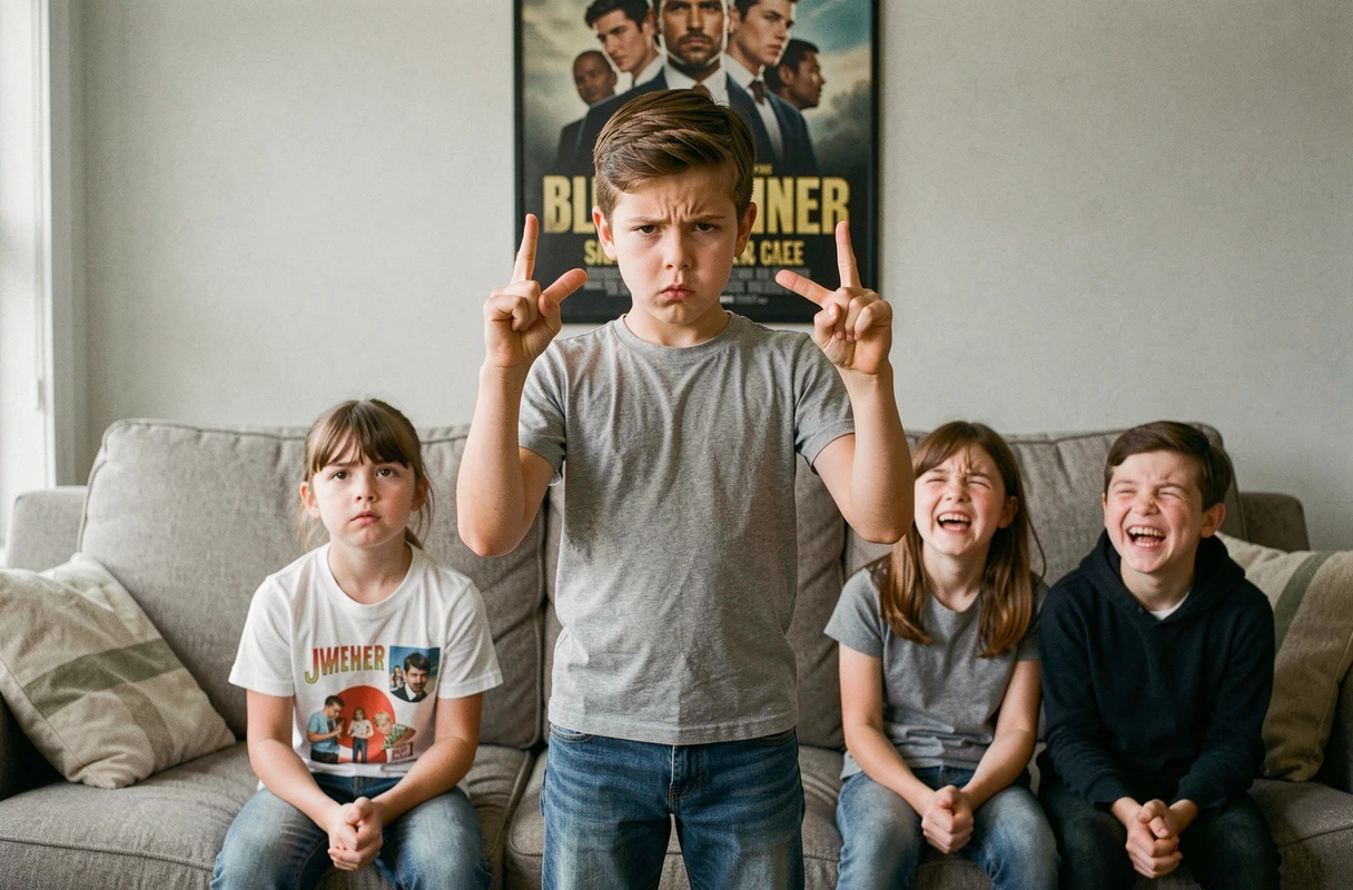 Garçon faisant deviner un film avec des gestes sans parler devant ses amis