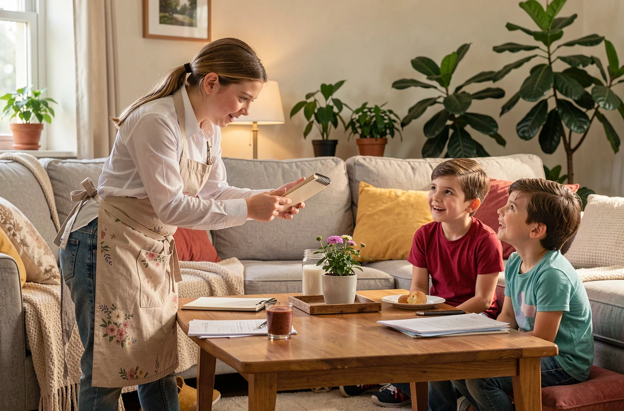 Fillette déguisée en serveuse prenant la commande de tous ses amis avec sérieux