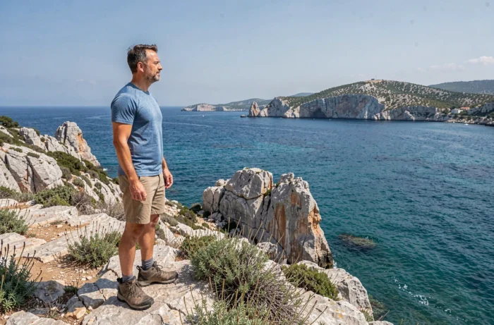 Escursionista solitario che contempla la costa mediterranea rocciosa di Cipro dalle scogliere della costa di Afrodite ad aprile