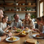 Famille épanouie réunie autour d'un repas convivial dans une cuisine familiale chaleureuse