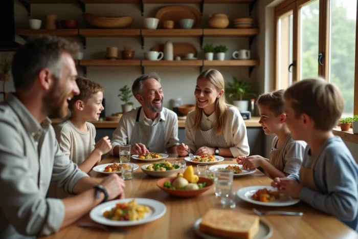 Famille épanouie réunie autour d'un repas convivial dans une cuisine familiale chaleureuse