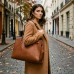 Femme élégante portant un manteau camel et un sac en cuir structuré dans une rue pavée parisienne en automne
