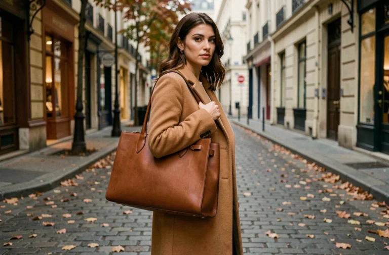 Femme élégante portant un manteau camel et un sac en cuir structuré dans une rue pavée parisienne en automne