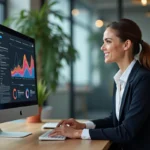 Femme professionnelle analysant des statistiques de visibilité en ligne sur un écran d'ordinateur dans un bureau moderne